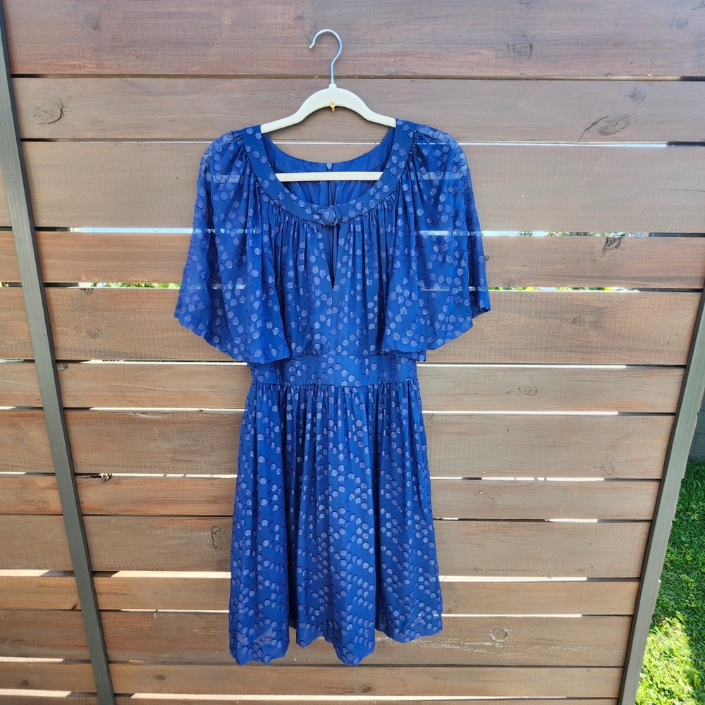 Trina Turk Blue Polka Dot Sheer Party‎ Dress Flutter Sleeve Fit & Flare Sz 6